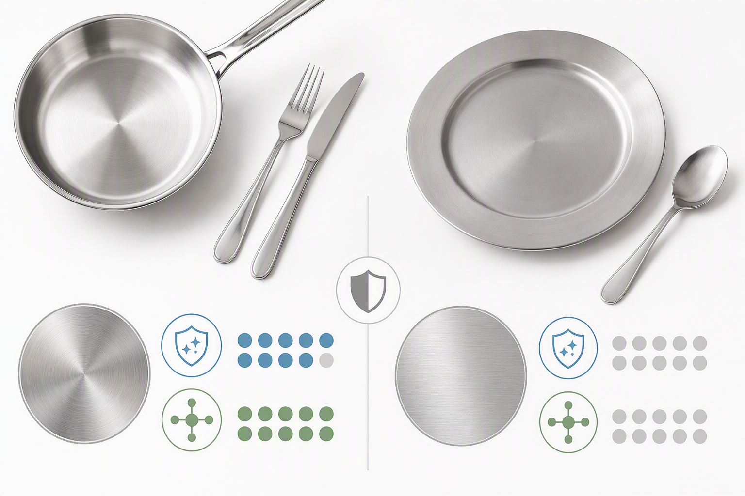 Stainless steel grade comparison infographic showing 18/10 vs 18/0 chromium and nickel content percentages