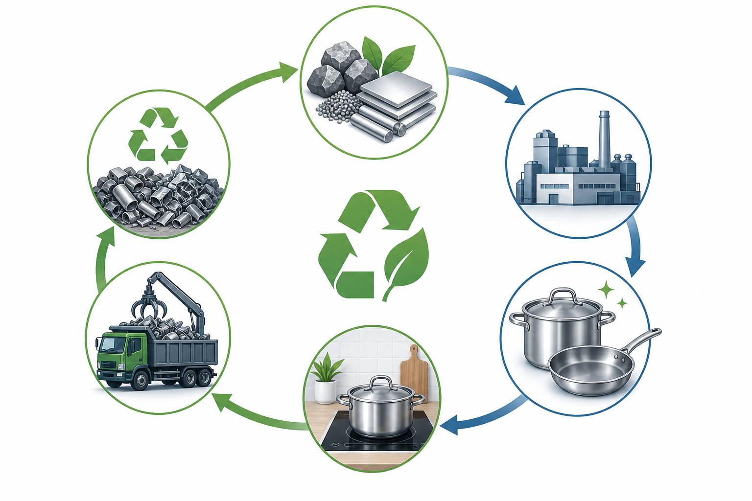 Circular lifecycle diagram showing stainless steel cookware recycling loop - from manufacturing through use to scrap yard and back to new production