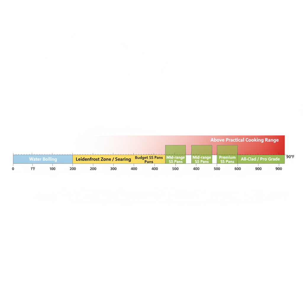 Stainless steel cookware temperature zones chart showing Leidenfrost range 370-450°F, searing zone 450-500°F, and oven-safe ranges by brand from 350°F to 800°F
