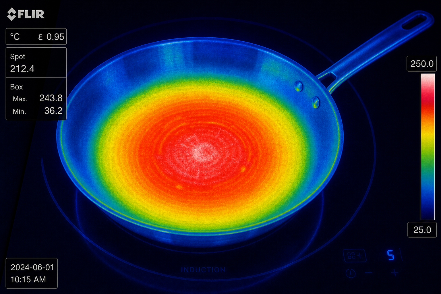 Infrared thermal camera image comparing heat distribution in stainless steel pan on induction cooktop showing hot spot pattern
