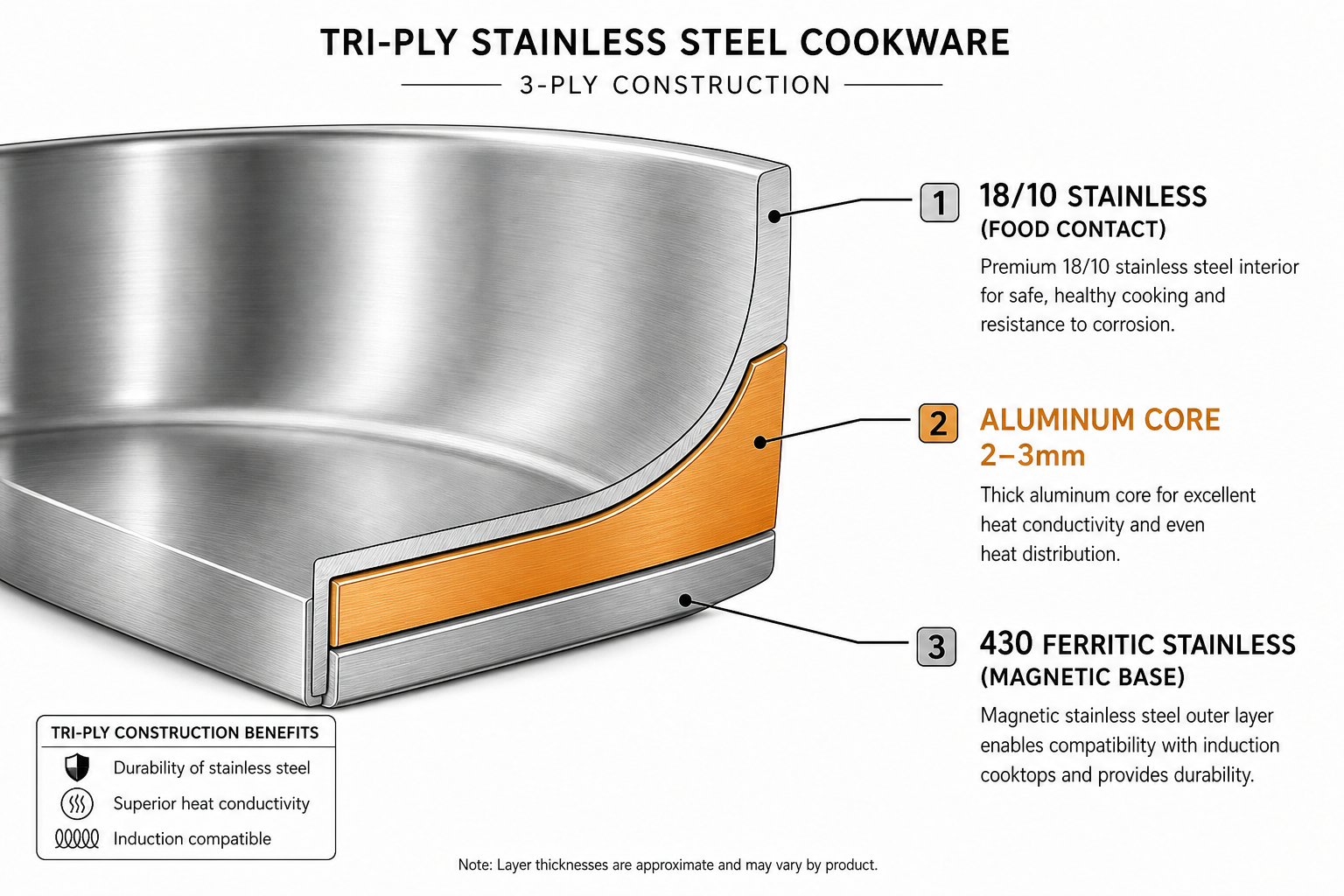 Cross-section diagram of tri-ply stainless steel cookware showing 18/10 interior aluminum core and 430 magnetic exterior layers