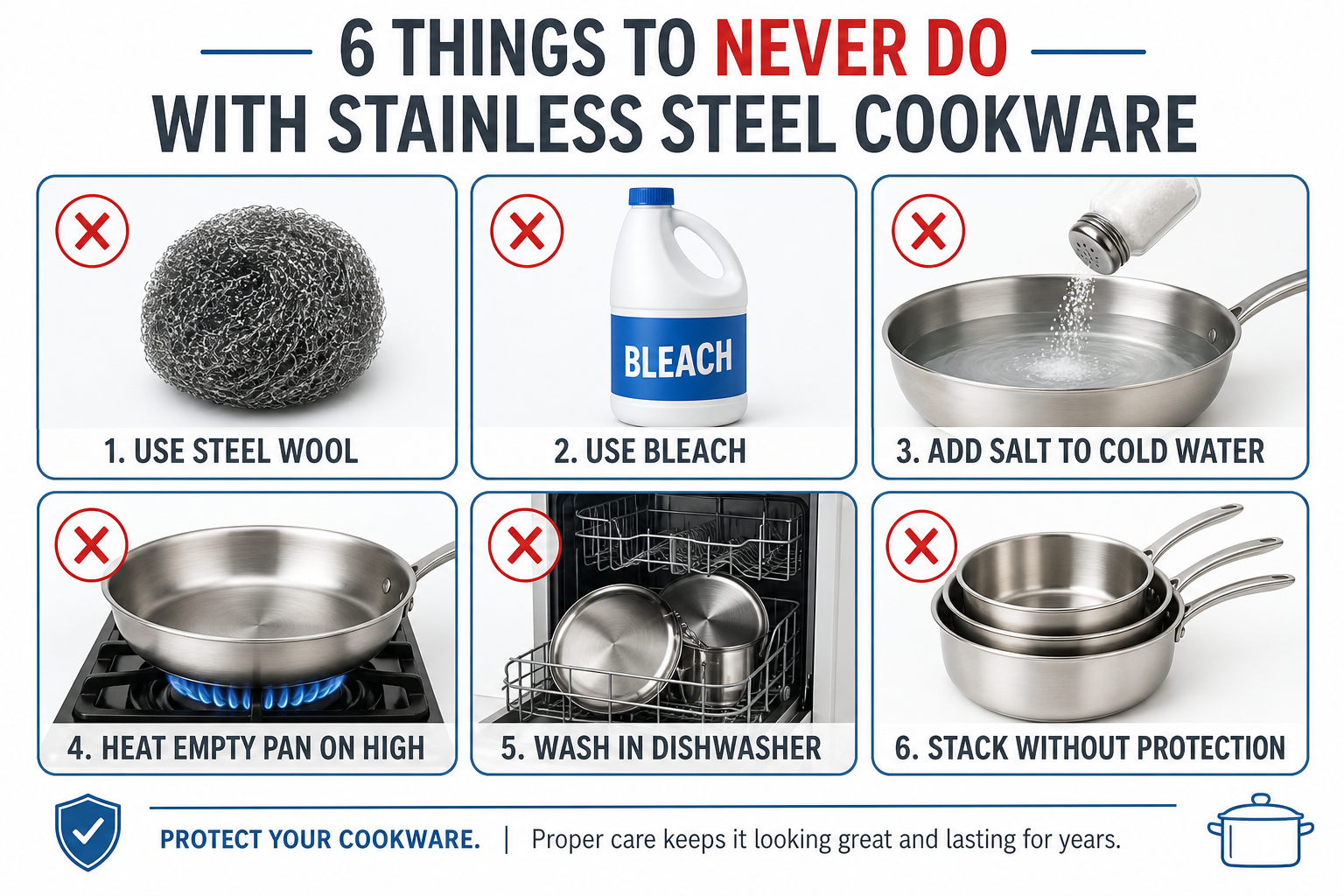 Six things to never do with stainless steel cookware — infographic showing steel wool, bleach, salt water, empty pan overheating, dishwasher, unprotected stacking