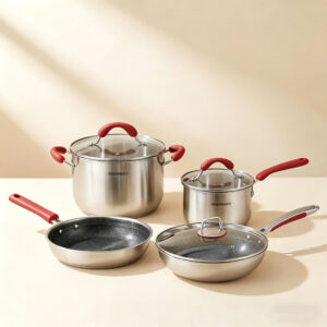 Stainless Steel Kitchenware Set with Red Silicone Handles