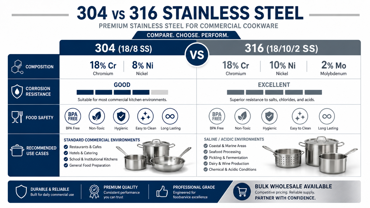 304 vs 316 stainless steel grade comparison chart showing chromium nickel molybdenum composition for commercial cookware selection