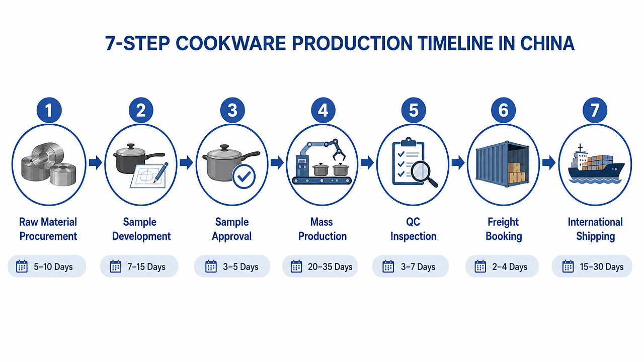 7-stage cookware production timeline infographic showing procurement through international shipping - China factory OEM workflow diagram