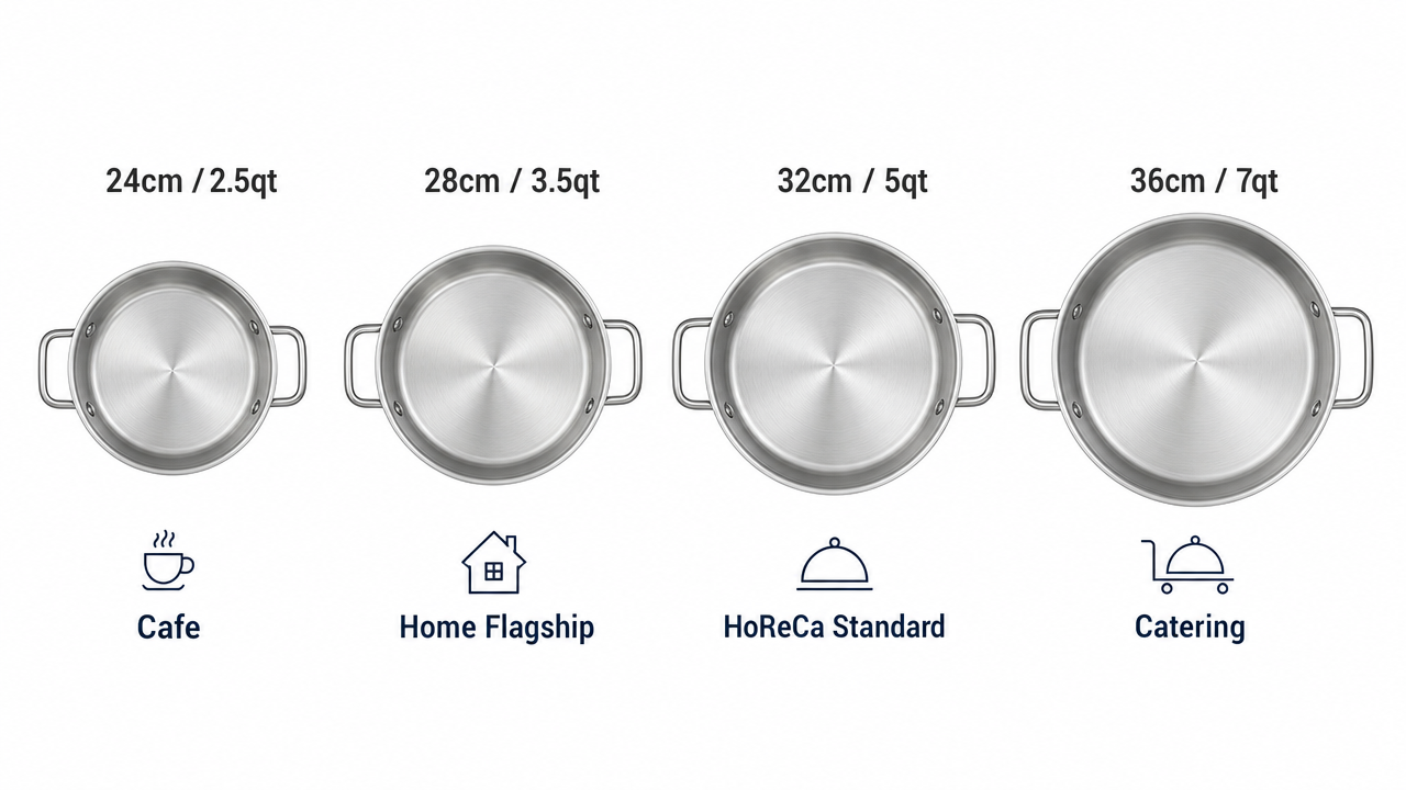 Stainless steel braiser pan size comparison chart - 24cm cafe, 28cm home flagship, 32cm HoReCa standard, 36cm catering