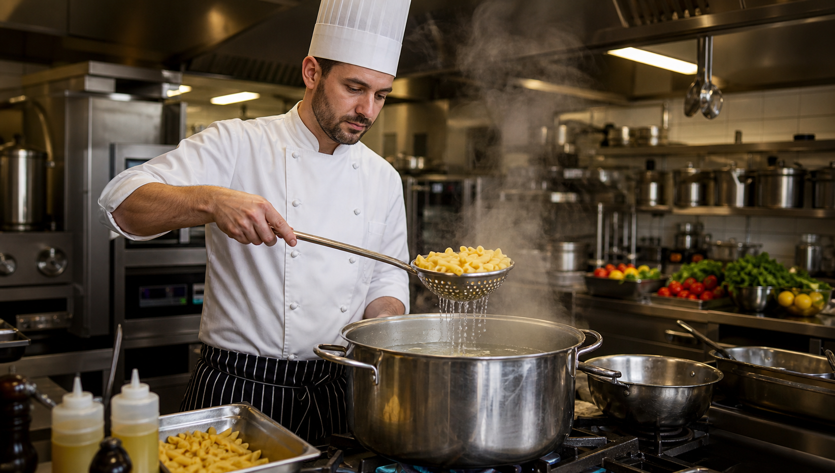 Professional chef using stainless steel slotted spoon to drain pasta in busy commercial restaurant kitchen with stainless steel surfaces