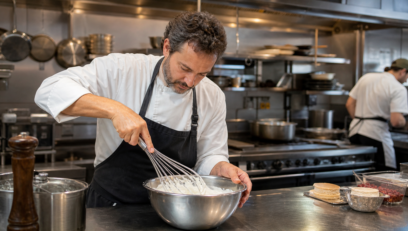 Professional chef using a large stainless steel balloon whisk in a commercial restaurant kitchen with stainless steel countertops