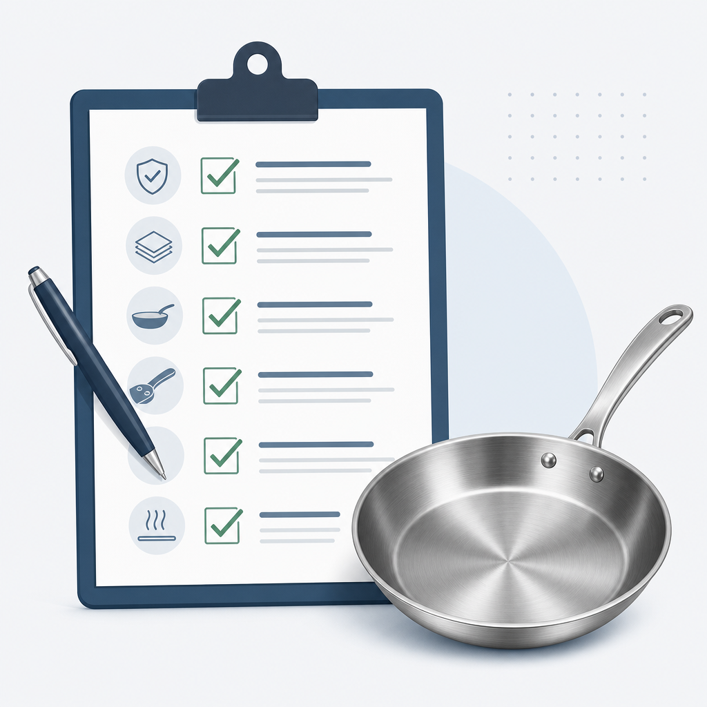 Cookware quality evaluation checklist on clipboard next to stainless steel frying pan - B2B sample approval process illustration