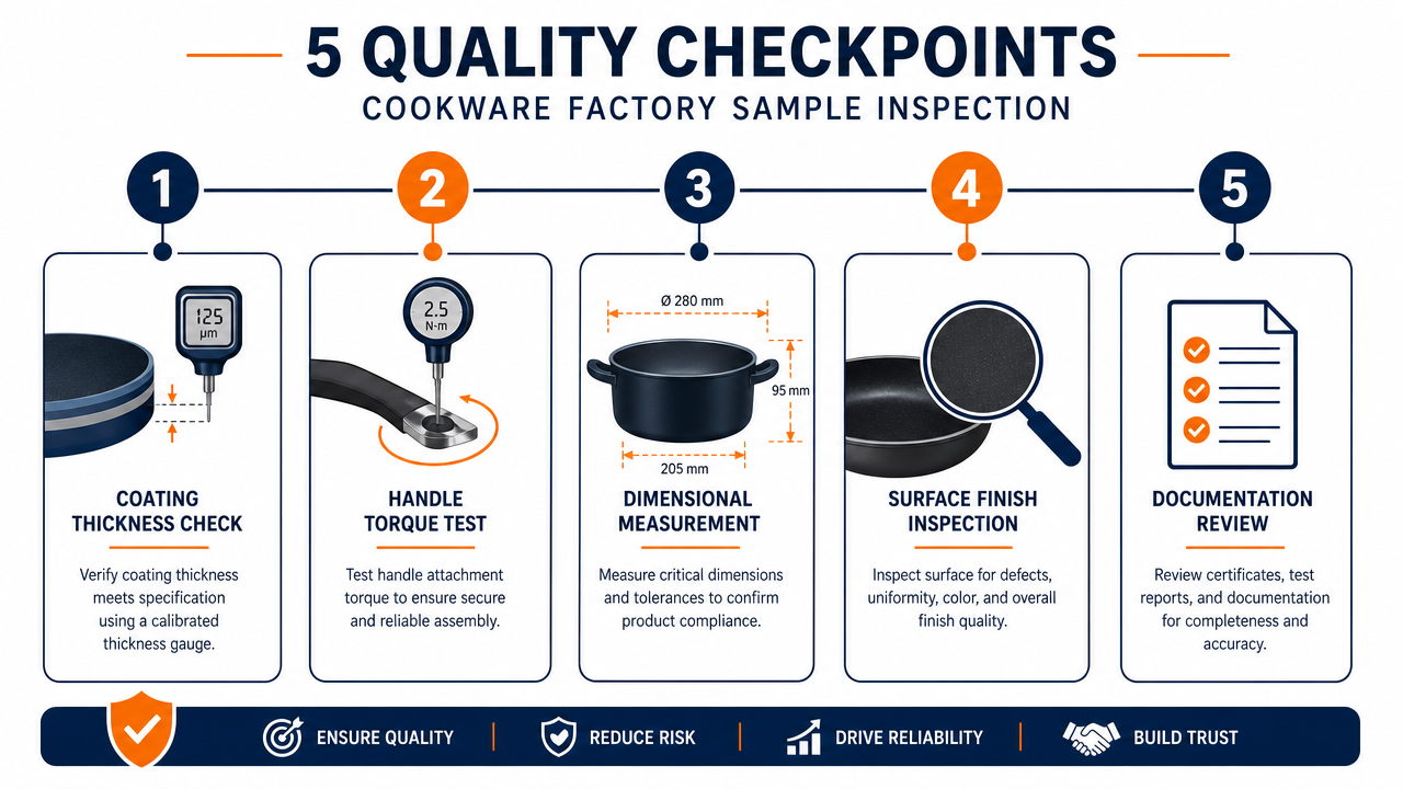 B2B infographic showing 5 quality checkpoints for cookware factory sample inspection - coating thickness, handle torque, dimensions, finish, documentation