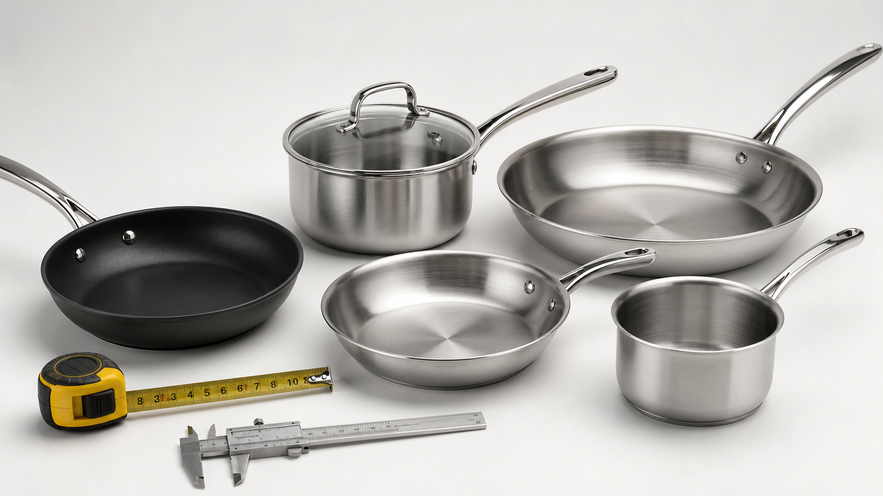 Multiple stainless steel and non-stick cookware pieces arranged for quality inspection with measuring tools - pre-production sample evaluation setup