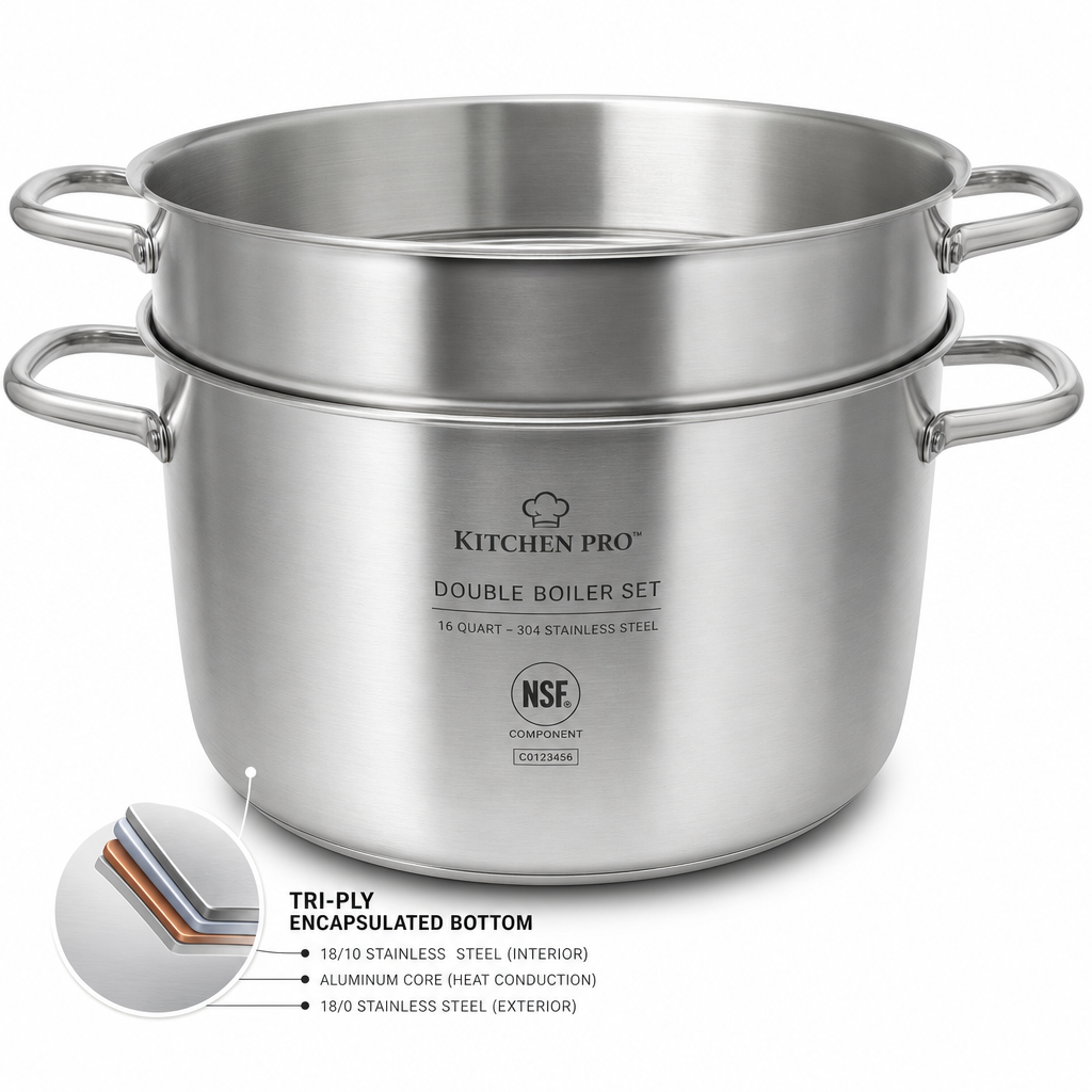 NSF certified commercial stainless steel double boiler set with lid on restaurant prep table
