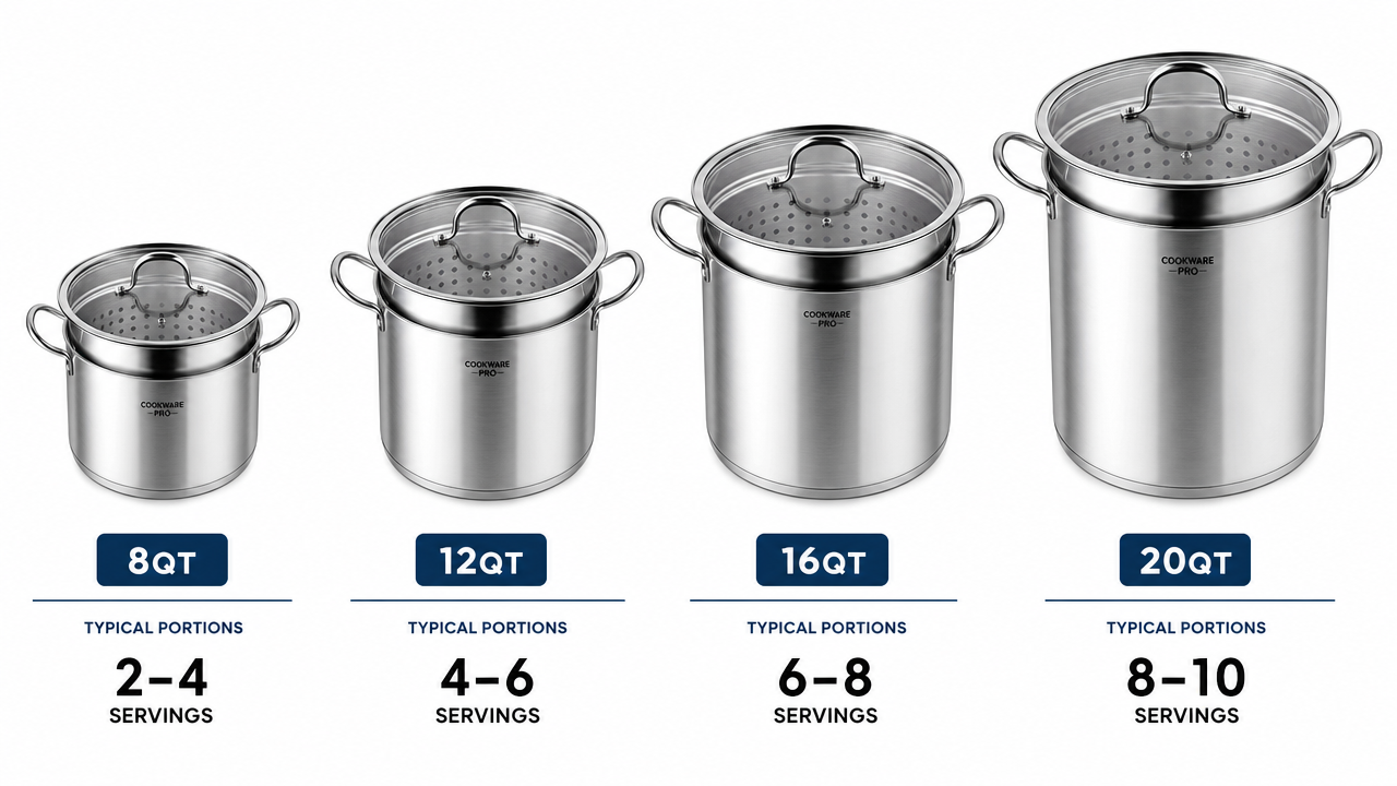 Commercial stainless steel pasta pot size comparison showing 8qt, 12qt, 16qt, and 20qt models with capacity and portion labels