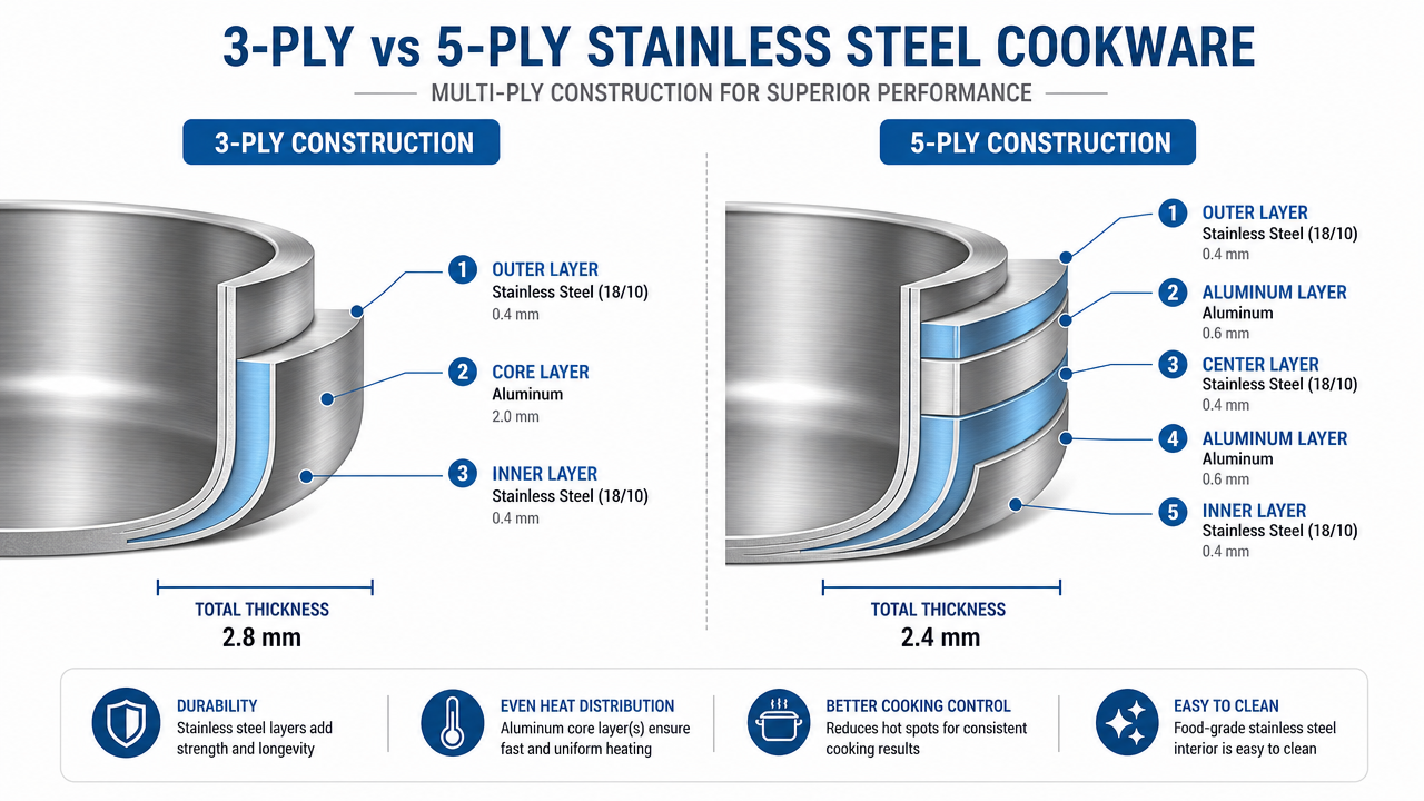 Technical cross-section diagram comparing 3-ply vs 5-ply stainless steel saute pan construction showing aluminum core layers and stainless steel outer layers