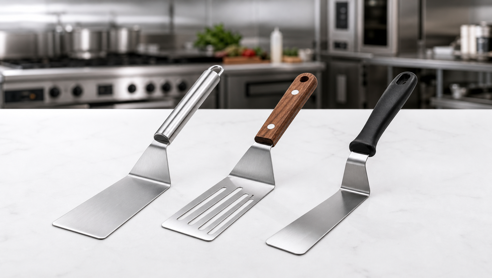 Three types of stainless steel kitchen spatulas side by side - solid turner, slotted turner, and offset turner with wood, PP, and stainless handles