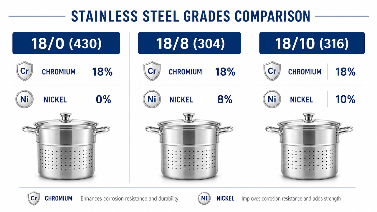 Stainless steel grade comparison infographic showing 18/0 430, 18/8 304, and 18/10 316 chromium and nickel content for pasta pots