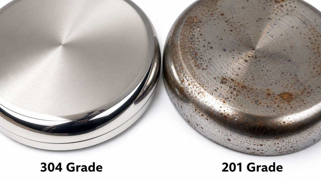 Side-by-side comparison of 304 stainless steel vs 201 grade pan surfaces - 304 clean and smooth, 201 showing pitting and corrosion after commercial dishwasher cycles