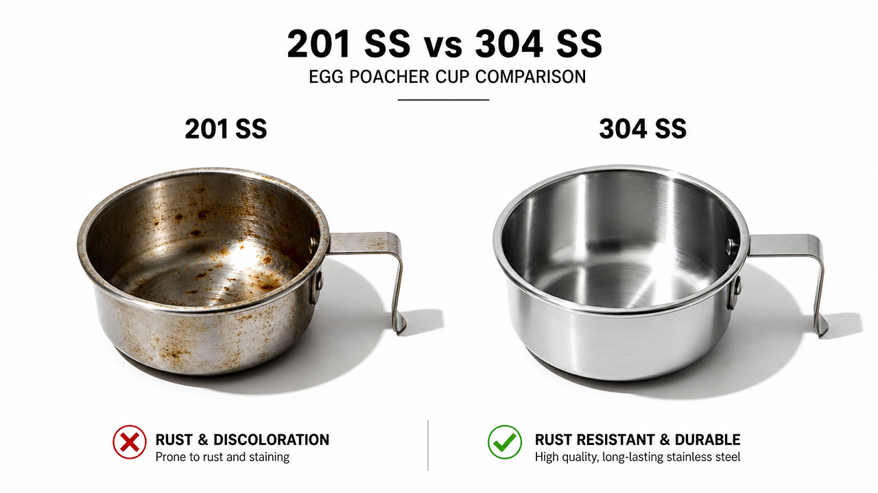 201 SS vs 304 SS stainless steel egg poacher cup comparison - corrosion resistance difference between food-grade grades