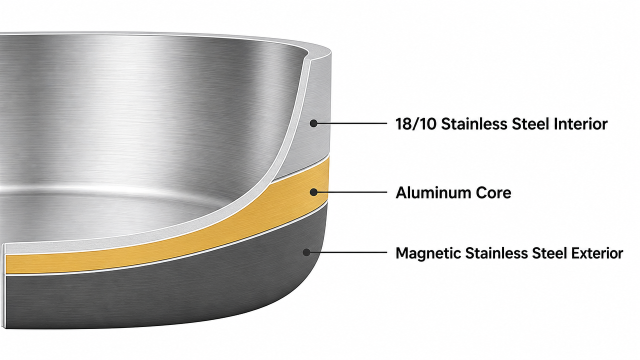 Tri-ply stainless steel cookware cross-section diagram showing three bonded layers: 18/10 stainless interior, aluminum core, magnetic stainless exterior