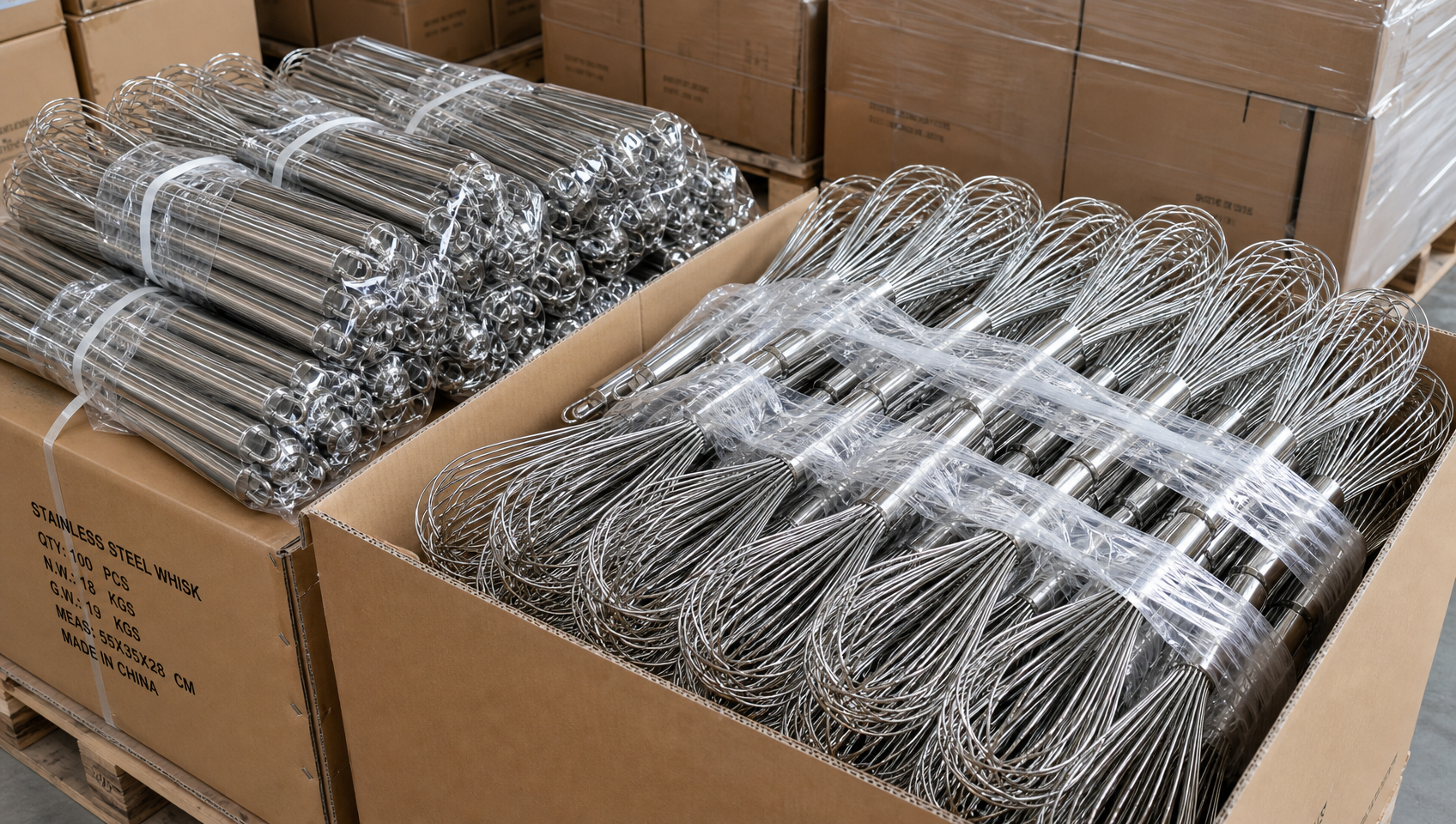 Bulk wholesale stainless steel wire whisks bundled together in commercial quantity for export, neutral warehouse background