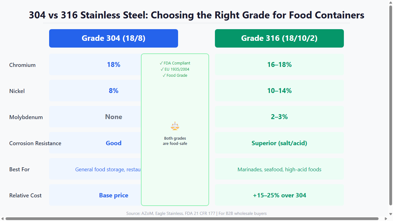 304 vs 316 stainless steel grade comparison chart - chromium nickel molybdenum content food container wholesale