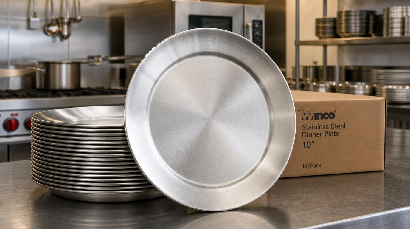 stainless steel brushed matte dinner plates stacked commercial restaurant kitchen - 304 grade wholesale supply