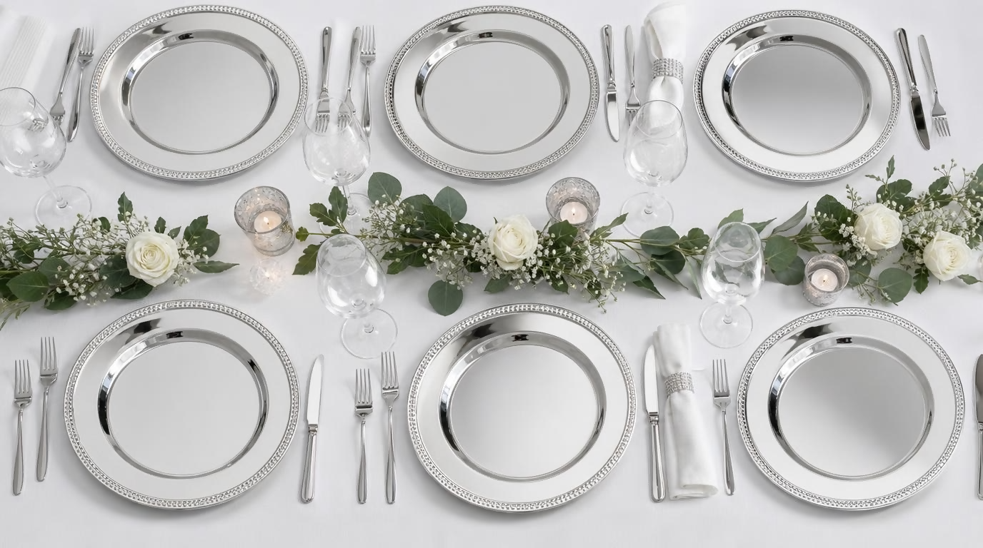 13-inch mirror polish silver stainless steel charger plate on formal table setting - wholesale banquet tableware