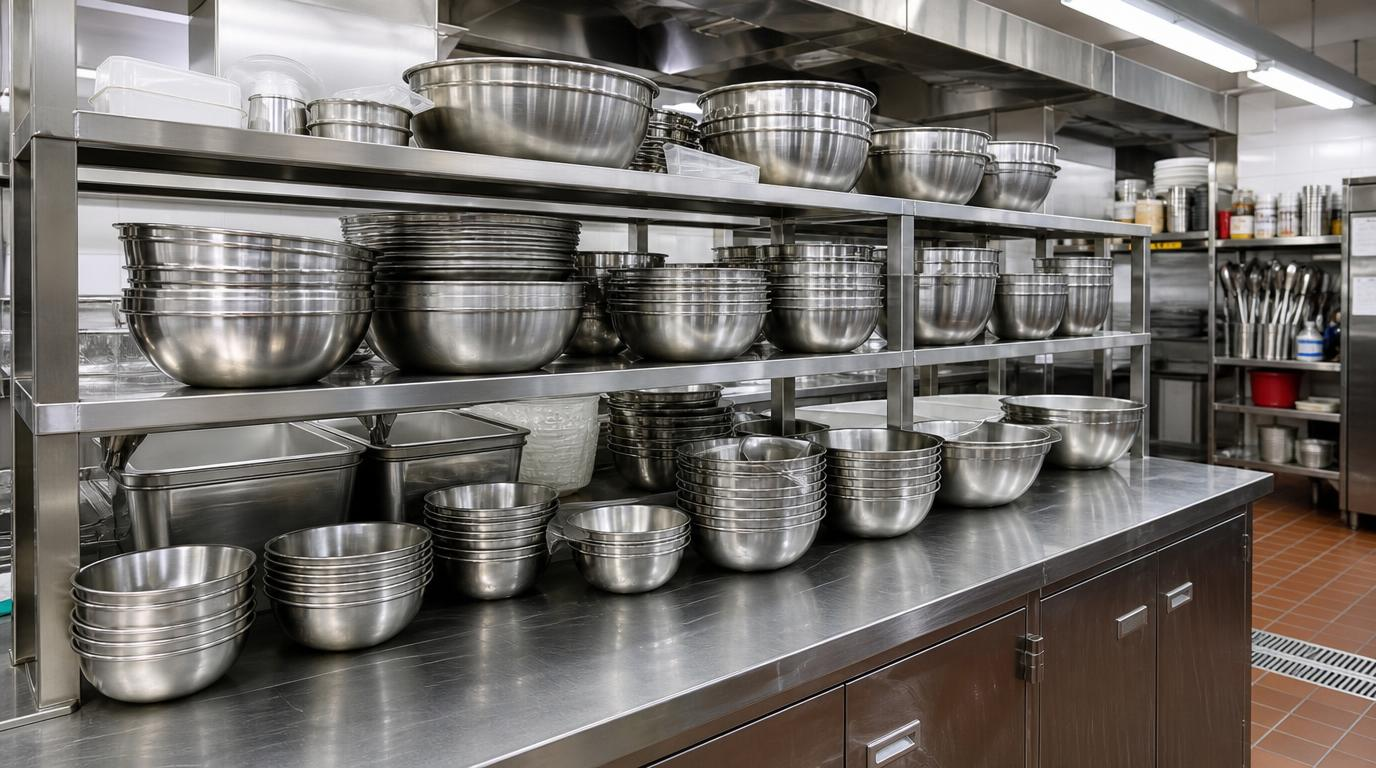 Commercial restaurant kitchen prep station with organized stainless steel mixing bowls on stainless steel shelving - commercial foodservice environment