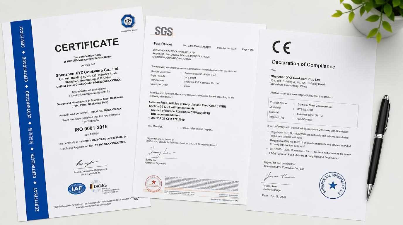 Cookware supplier compliance certification documents - ISO 9001 certificate LFGB test report and Declaration of Compliance paperwork - supplier verification