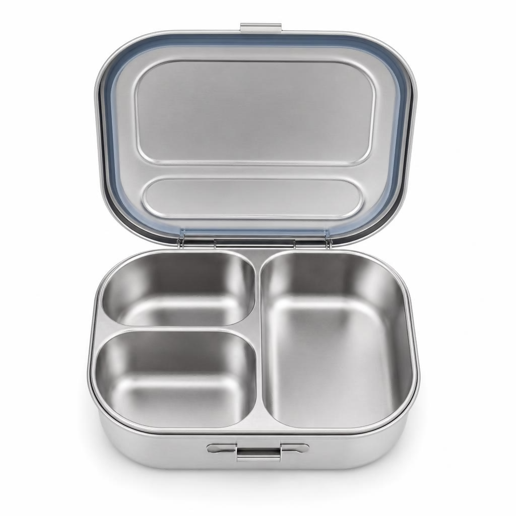 Kids stainless steel bento lunch box with 3 compartments open lid showing silicone seal - product flat lay white background