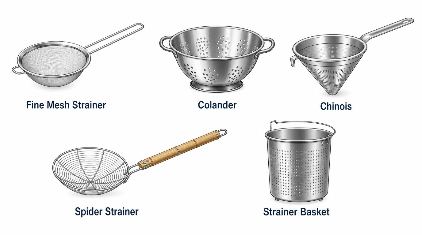Illustrated overview of kitchen strainer types including fine mesh strainer, colander, chinois, spider strainer and strainer basket