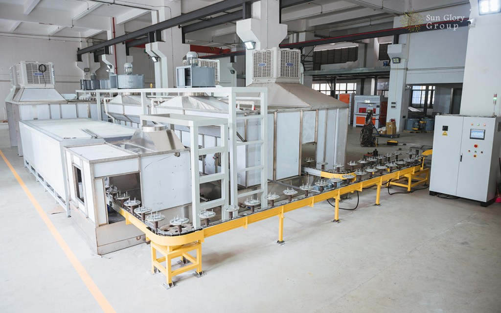 Non-stick cookware coating application line in factory - complete PTFE coating spray and cure production line - surface treatment audit checkpoint