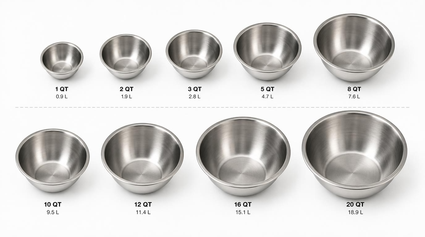 Stainless steel mixing bowls arranged by size progression from smallest 1-quart to largest 20-quart commercial kitchen bowl set