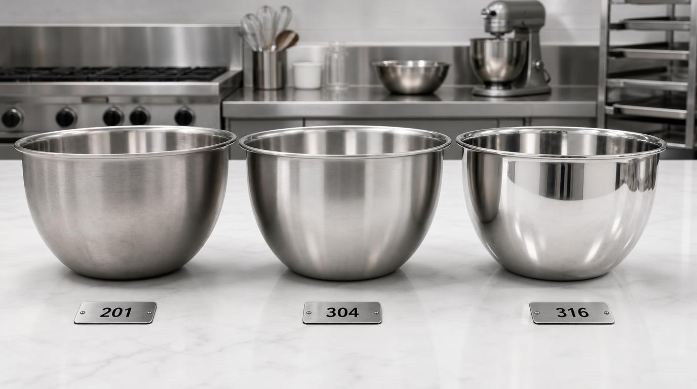 Stainless steel mixing bowls grade comparison - 201, 304, and 316 steel side by side on commercial kitchen counter