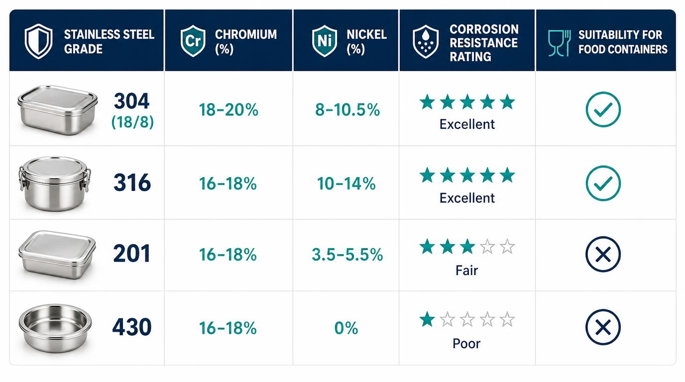 Stainless steel grade comparison chart for food containers showing 304 vs 316 vs 201 vs 430 - chromium and nickel percentages, corrosion resistance ratings