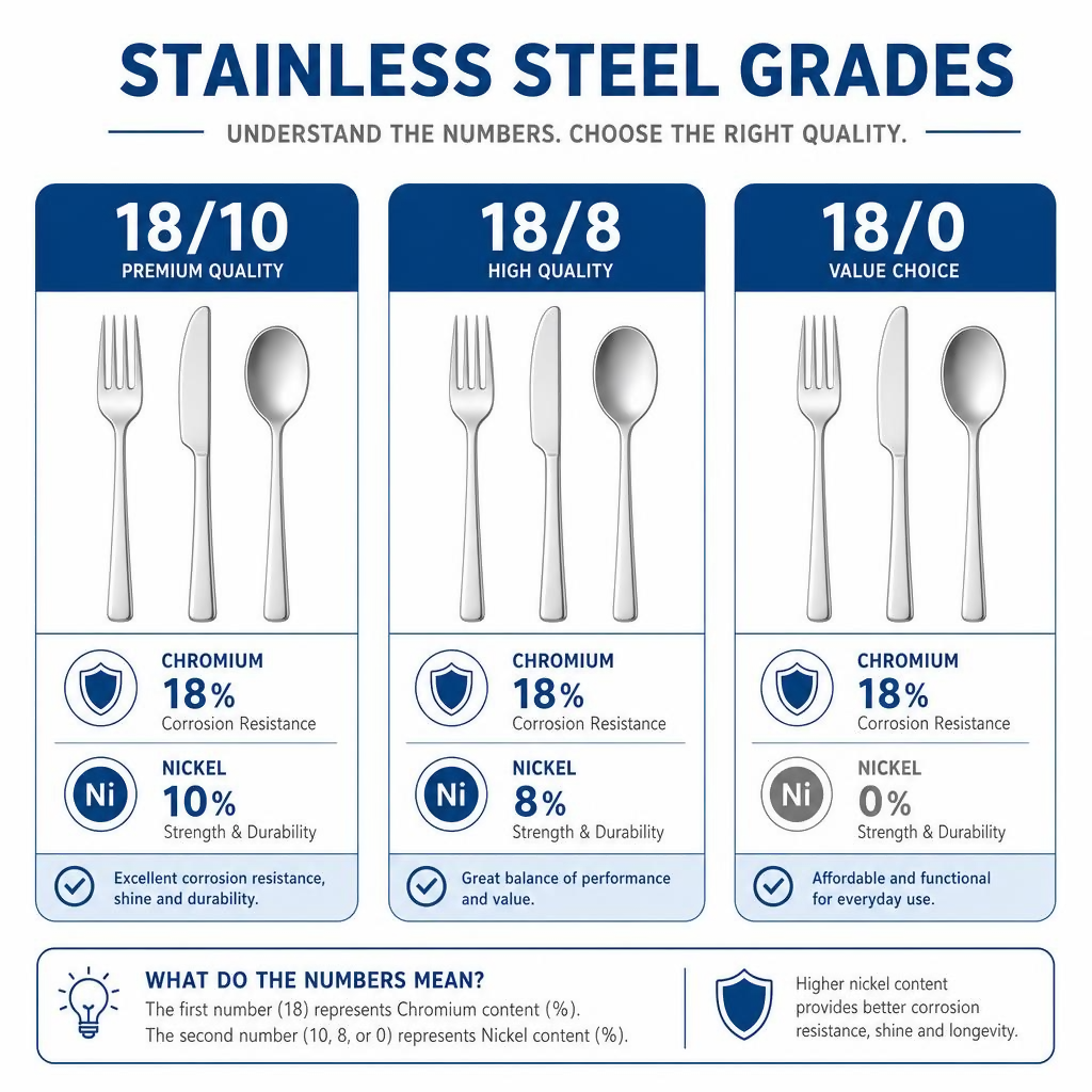 Stainless steel grade infographic showing 18/10, 18/8, and 18/0 chromium-nickel composition comparison for restaurant and hotel buyers