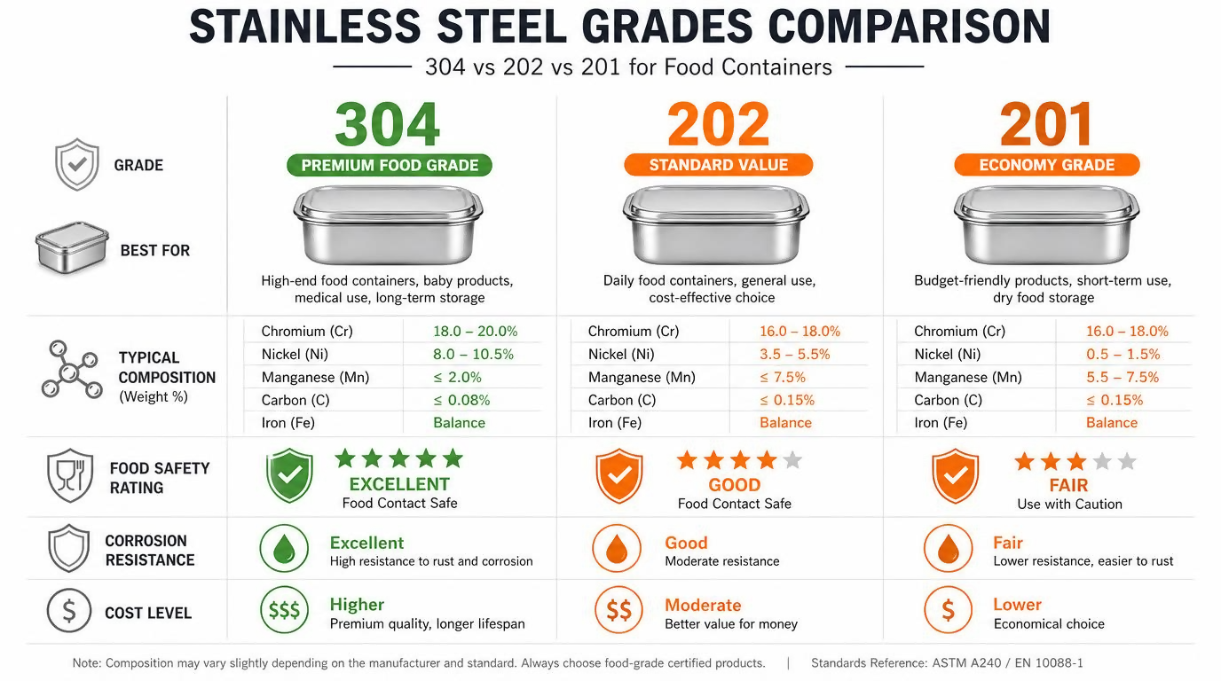 Stainless steel grade comparison chart 304 vs 202 vs 201 for tiffin food containers